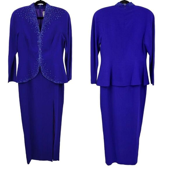 Vintage 80's Daymor Couture Gown 6 Blue Peplum Beaded Front Slit Modest Sexy - Picture 1 of 17